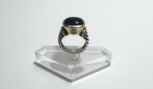 Vintage David Yurman Sterling Silver & 14K Gold Noblesse Ring w/ Black Onyx Cabochon - Size 7