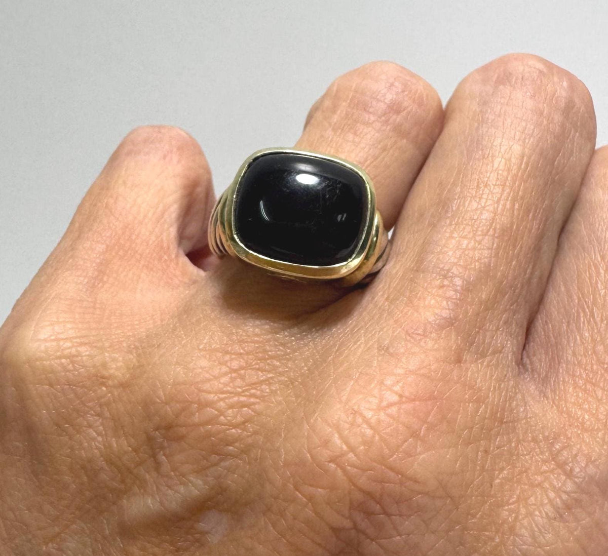 Vintage David Yurman Sterling Silver & 14K Gold Noblesse Ring w/ Black Onyx Cabochon - Size 7