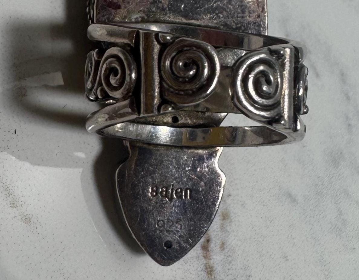 Vintage Sajen Bali Sterling Silver Goddess Ring, Carved Blue Chalcedony Face, Blue Druzy & Iolite - Size 7
