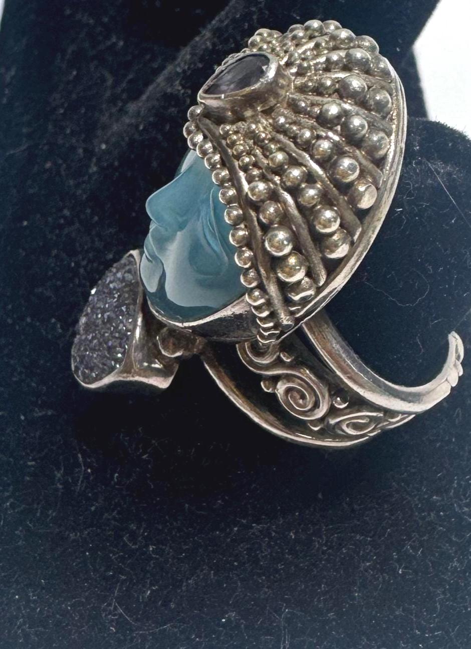 Vintage Sajen Bali Sterling Silver Goddess Ring, Carved Blue Chalcedony Face, Blue Druzy & Iolite - Size 7