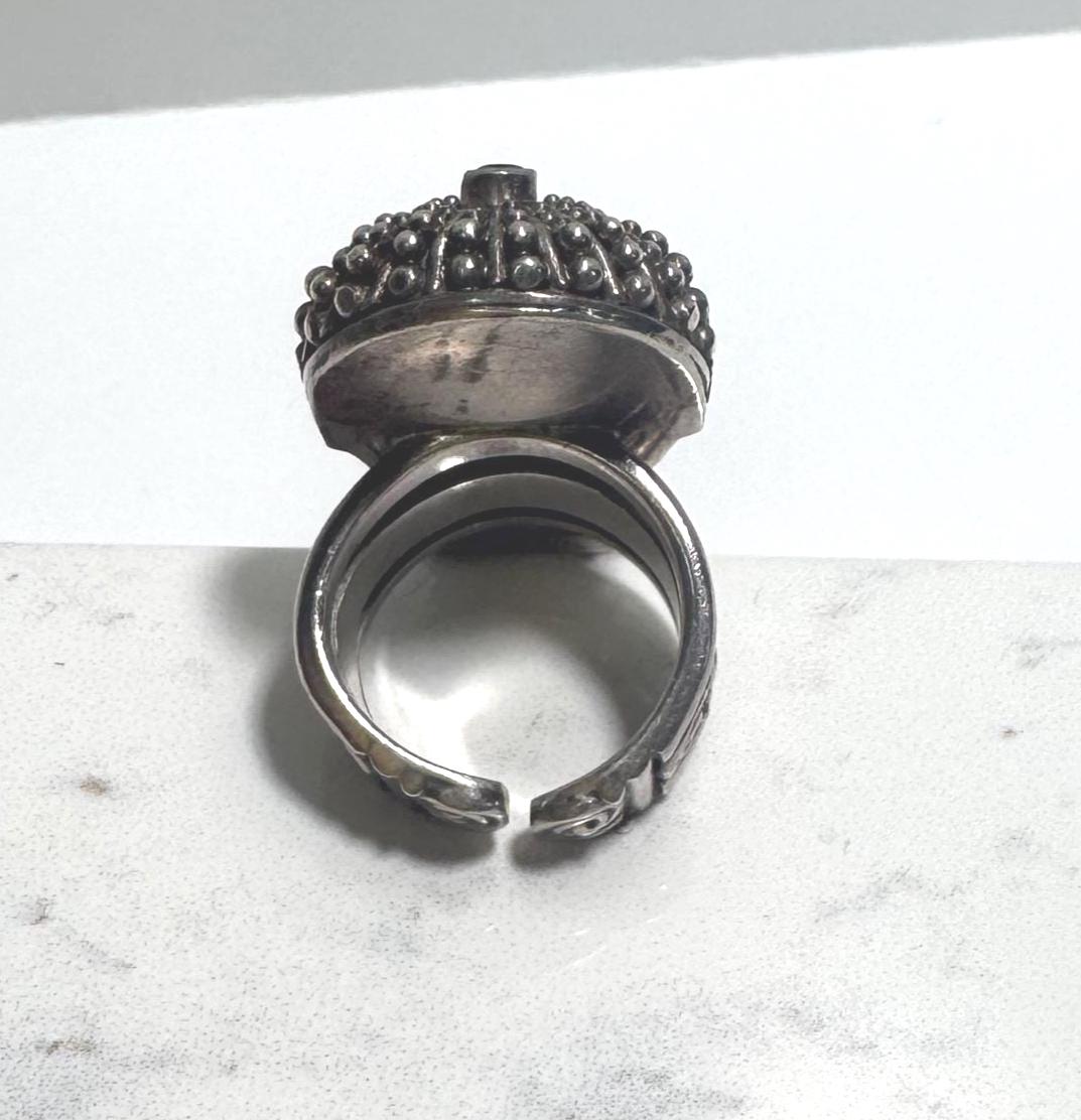 Vintage Sajen Bali Sterling Silver Goddess Ring, Carved Blue Chalcedony Face, Blue Druzy & Iolite - Size 7