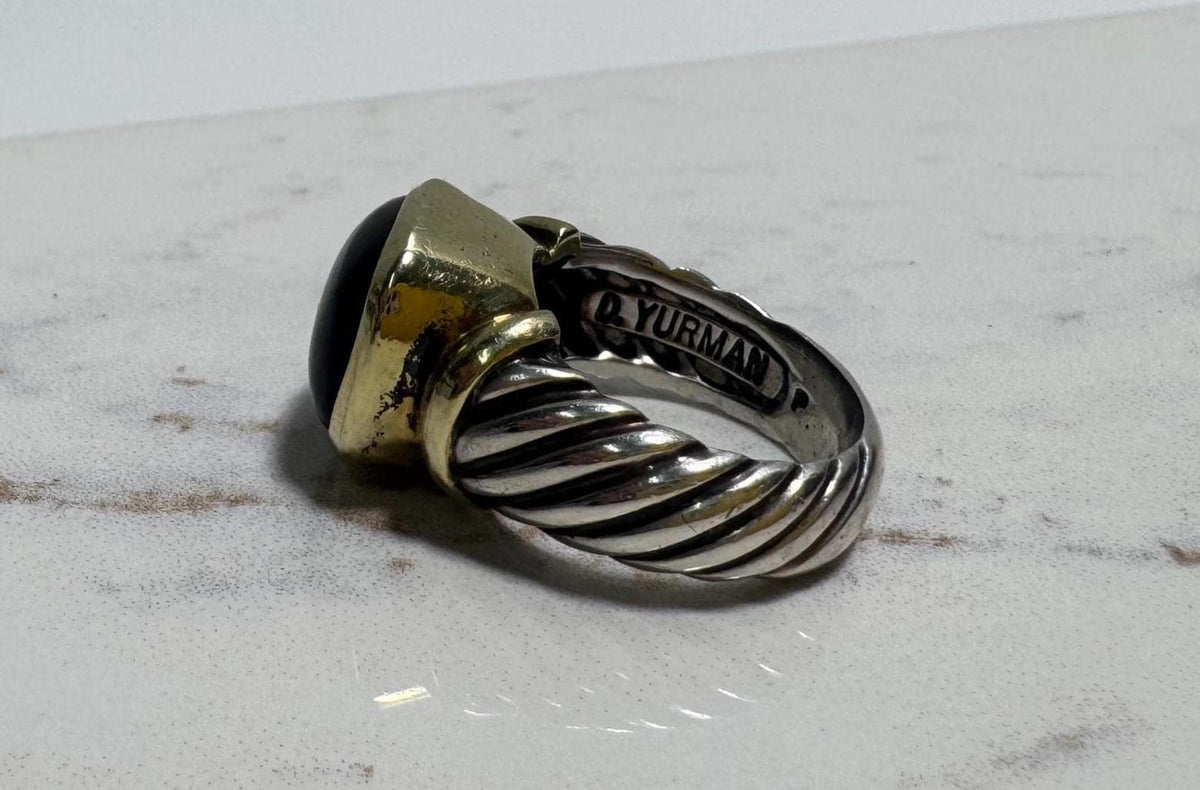 Vintage David Yurman Sterling Silver & 14K Gold Noblesse Ring w/ Black Onyx Cabochon - Size 7