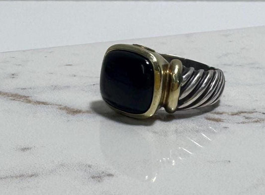 Vintage David Yurman Sterling Silver & 14K Gold Noblesse Ring w/ Black Onyx Cabochon - Size 7