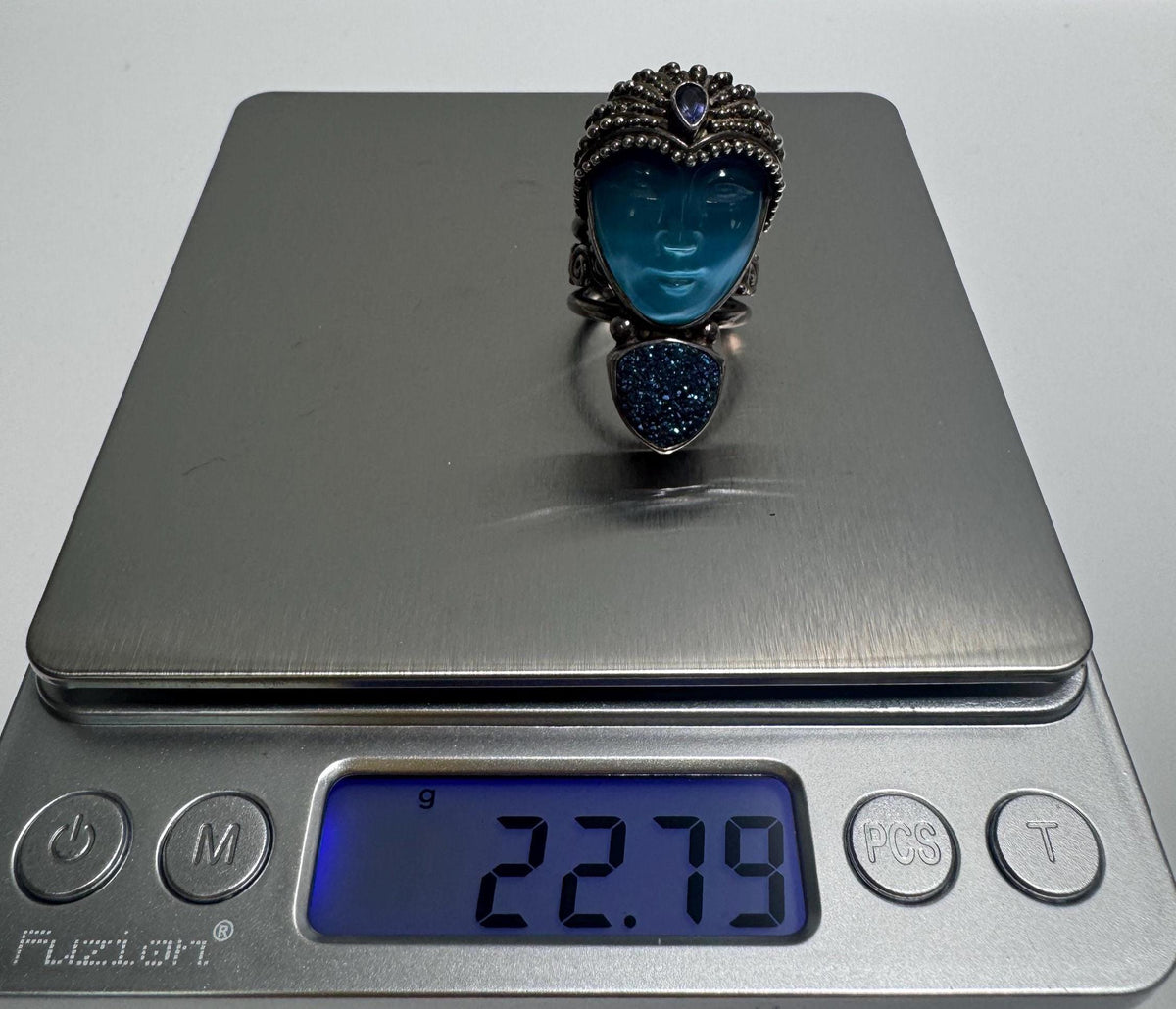 Vintage Sajen Bali Sterling Silver Goddess Ring, Carved Blue Chalcedony Face, Blue Druzy & Iolite - Size 7
