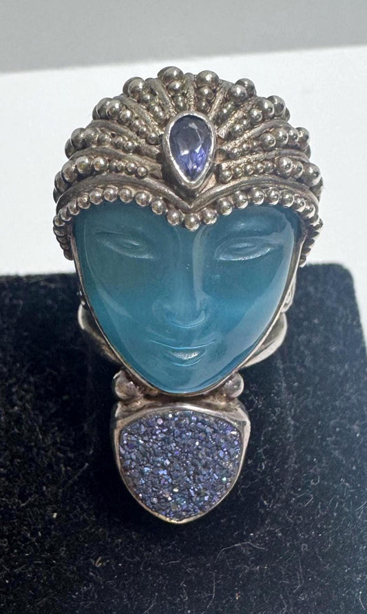 Vintage Sajen Bali Sterling Silver Goddess Ring, Carved Blue Chalcedony Face, Blue Druzy & Iolite - Size 7