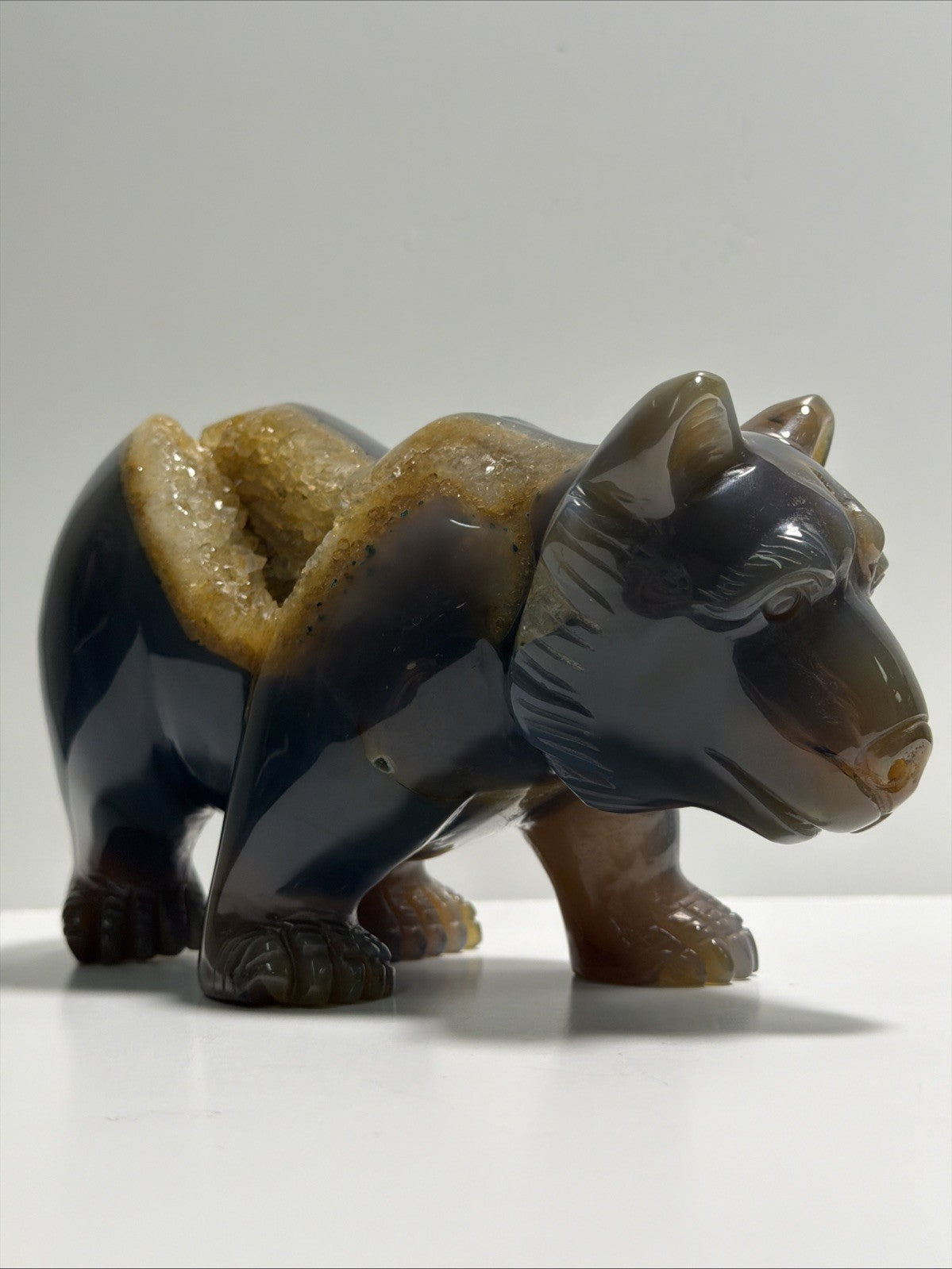 Hand Carved Agate Geode Bear w/ Druzy Pocket - 5 lbs, 9 x 5 inches